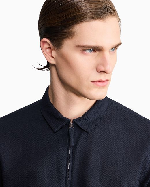 Giorgio Armani Blue Zipped, Cotton-Seersucker Shirt for men