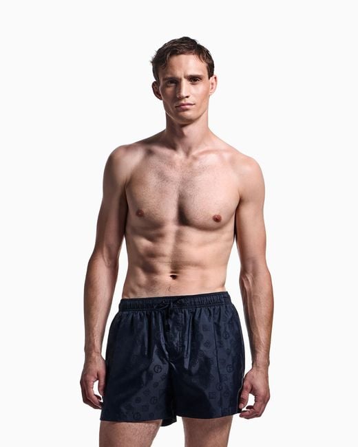 Giorgio Armani Blue Monogram Swim Trunks for men