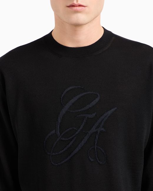 Jersey De Cuello Redondo De Lana Virgen Con Logotipo Giorgio Armani de hombre de color Black