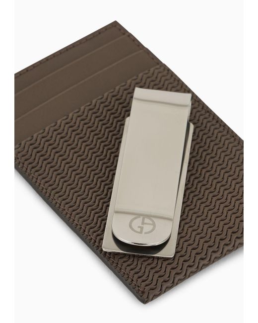 Giorgio Armani Brown Card Holder In Embossed Leather for men
