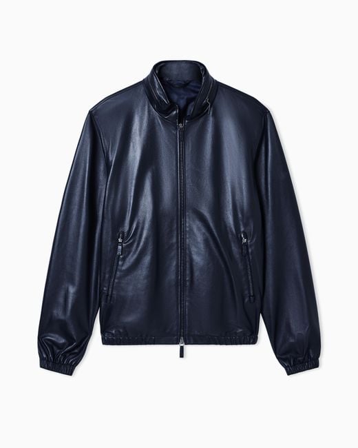 Giorgio Armani Blue Nappa Leather Blouson With Zip for men