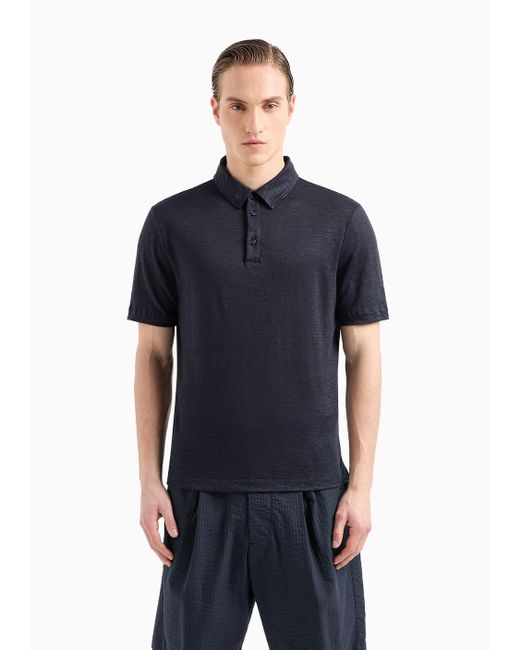 Giorgio Armani Blue Short-sleeved Polo Shirt In Pure Linen Jersey for men