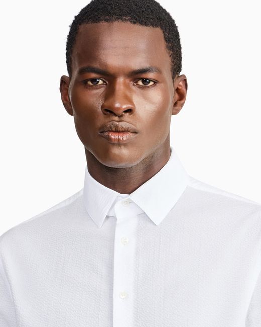 Giorgio Armani White Regular Fit Cotton Seersucker Shirt for men