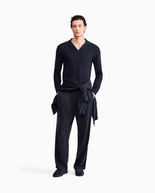 Giorgio Armani Blue Knit Polo Regular Fit Honeycomb Stitch Virgin Wool for men