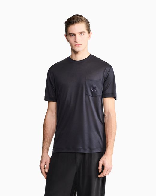 Giorgio Armani Blue Cupro And Silk T-Shirt With Small Pocket for men