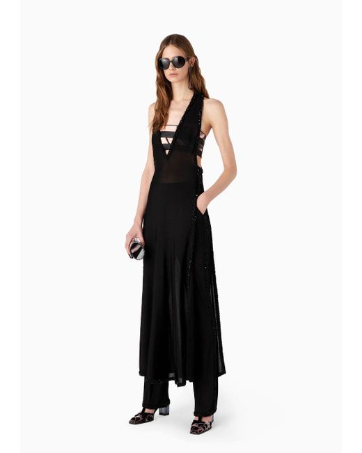 Giorgio Armani Black Long Viscose Dress With Embroidery