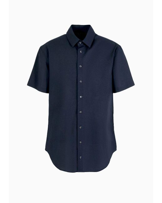 Giorgio Armani Blue Cotton Seersucker Shirt In A Regular Fit With Short Sleeves for men