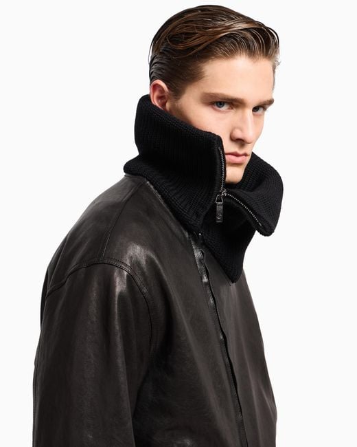 Giorgio Armani Black Nappa Leather Bomber Jacket With Wool Collar for men