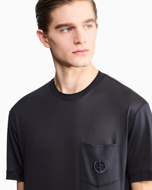 Giorgio Armani Blue Cupro And Silk T-Shirt With Small Pocket for men