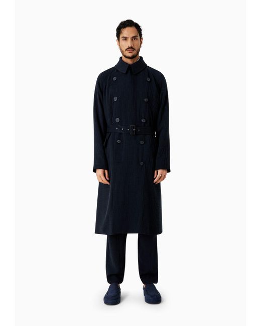 Giorgio Armani Blue Asv Double-breasted Trench Coat In A Canneté Cupro Blend for men