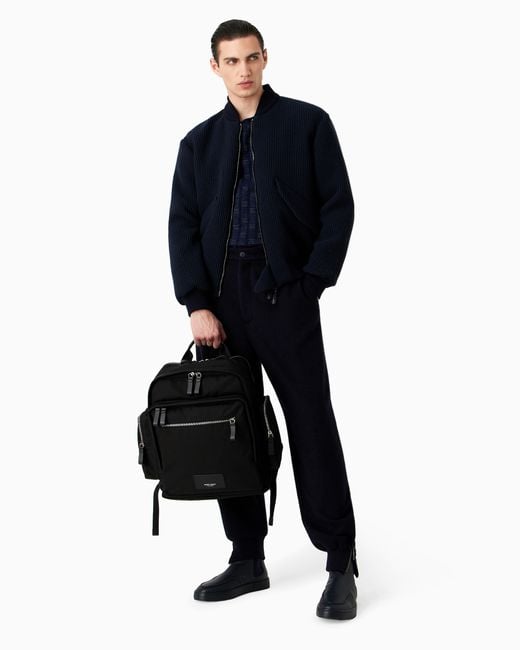 Giorgio Armani Black Nylon Backpack With Leather Details for men
