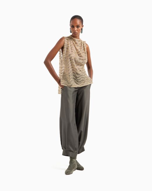 Giorgio Armani Natural Mesh And Lurex Top With Rhinestone Embroidery