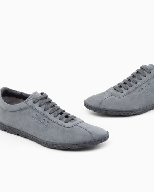 Giorgio Armani White Low-Top Suede Lace-Up Sneakers With Rubber Sole for men
