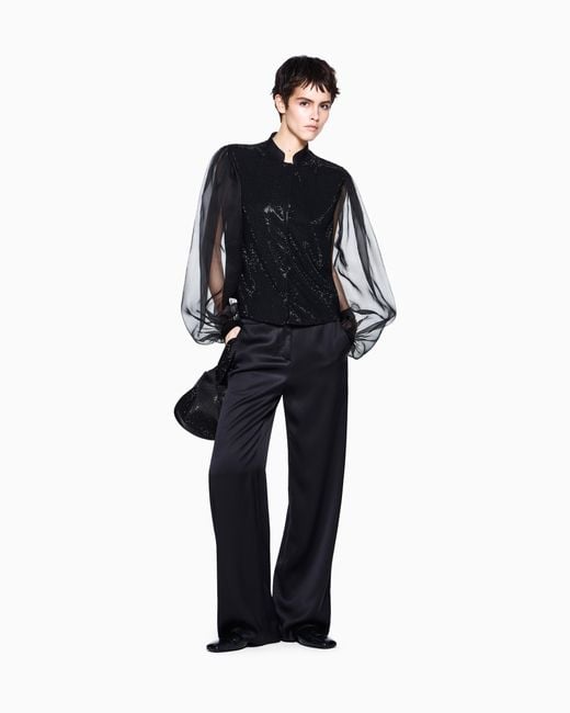 Giorgio Armani Black Satin Shirt With Silk Organza Sleeves And Front Rhinestones