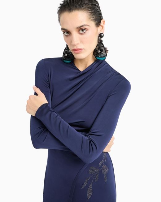 Vestido Largo De Punto Elástico De Viscosa Con Strass Giorgio Armani de color Blue