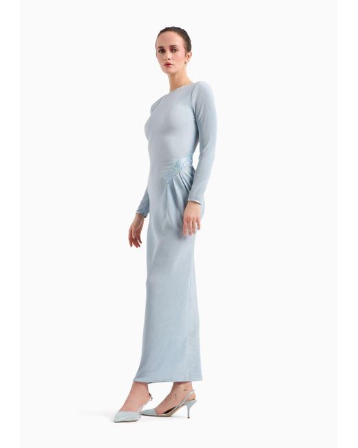 Giorgio Armani Blue Long Dress In Pleated Jersey