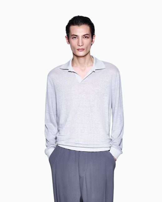 Polo De Manga Larga En Punto De Lino Giorgio Armani de hombre de color White