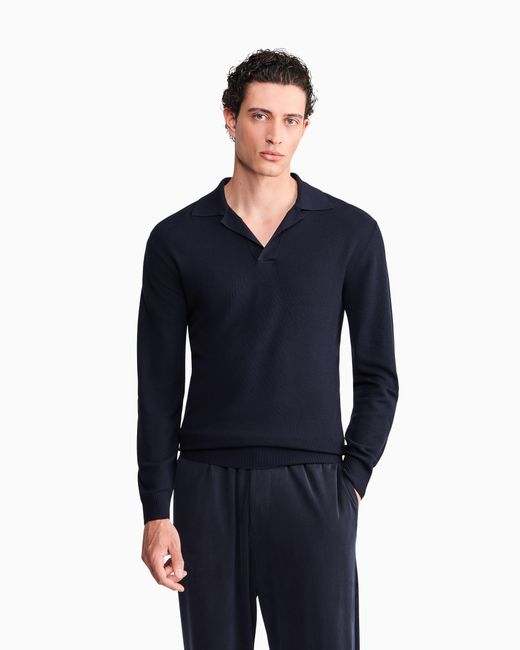 Giorgio Armani Blue Knit Polo Regular Fit Honeycomb Stitch Virgin Wool for men