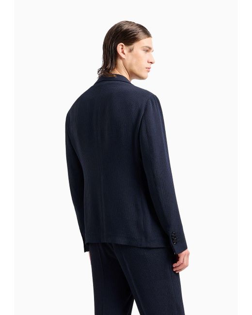 Giorgio Armani Blue Upton Line Single-breasted Jacket In A Viscose-blend Seersucker for men