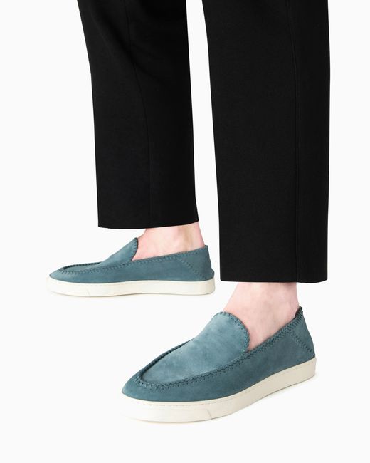 Giorgio Armani Blue Suede Slip On With Threading And Rubber Sole for men