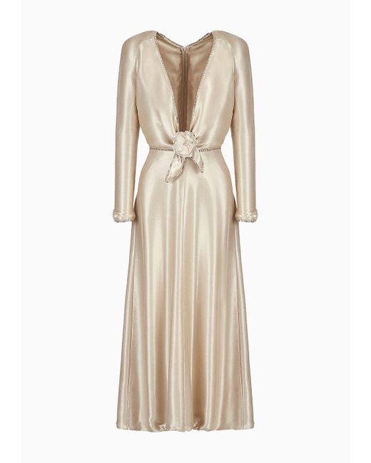 Giorgio Armani Natural Long Dress With Embroideries And Floral Embellishment