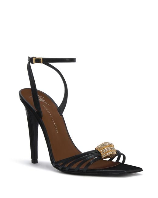 Giuseppe Zanotti Black Sunset Glow Rhinestone Brooch Strappy Leather Sandals