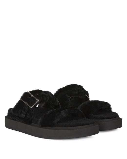 Giuseppe Zanotti Black Furry Buckled Sheepskin Slides for men