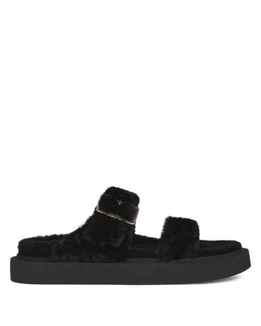 Giuseppe Zanotti Black Furry Buckled Sheepskin Slides for men
