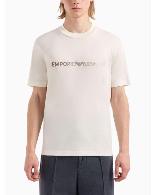 T-shirt panna con ricamo di Emporio Armani in White da Uomo