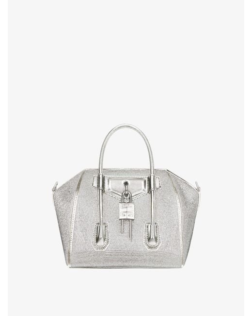 Givenchy White Mini Antigona Lock Bag In Satin, Strass And Leather