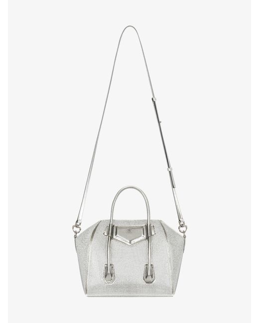 Givenchy White Mini Antigona Lock Bag In Satin, Strass And Leather
