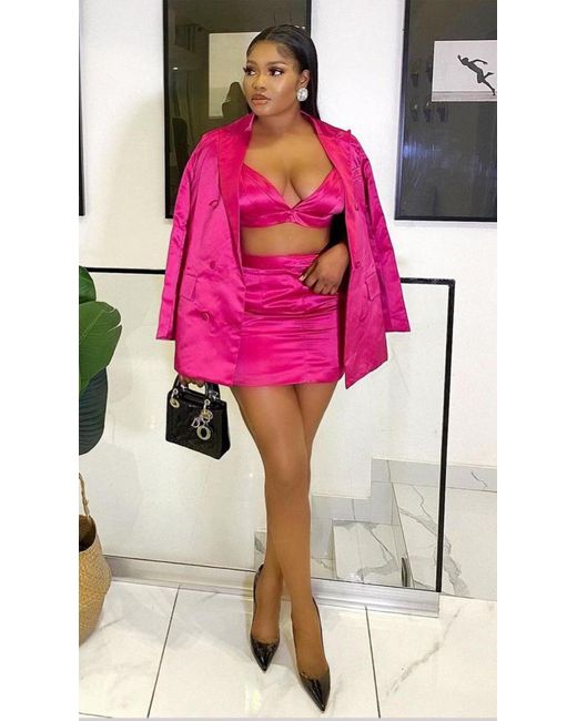 GLAMBAE FASHION Kimora Bralette Blazer Satin Skirt Set in Pink | Lyst