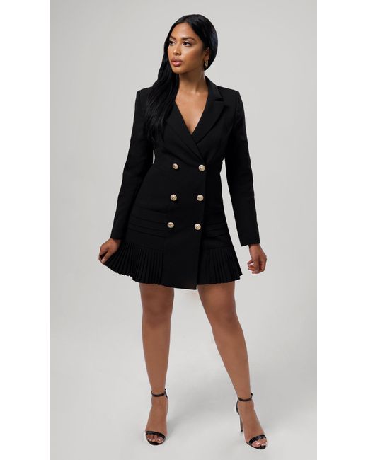 black blazer dress with gold buttons