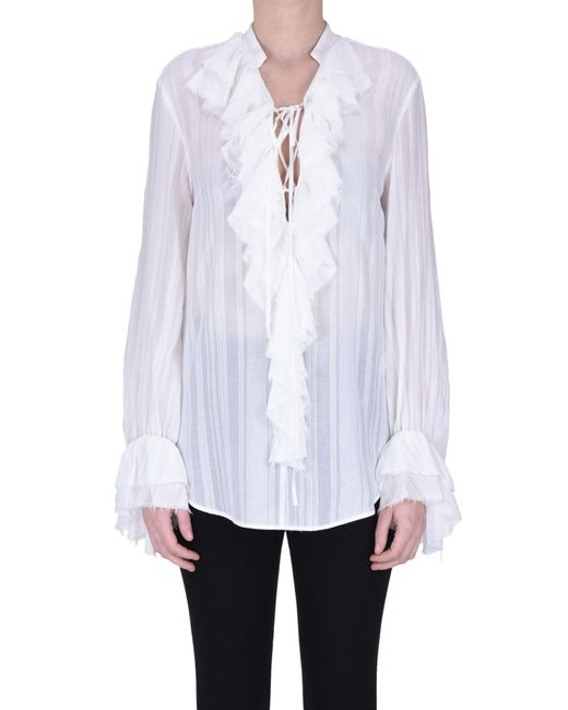 Dondup White Ruched Cotton Blouse