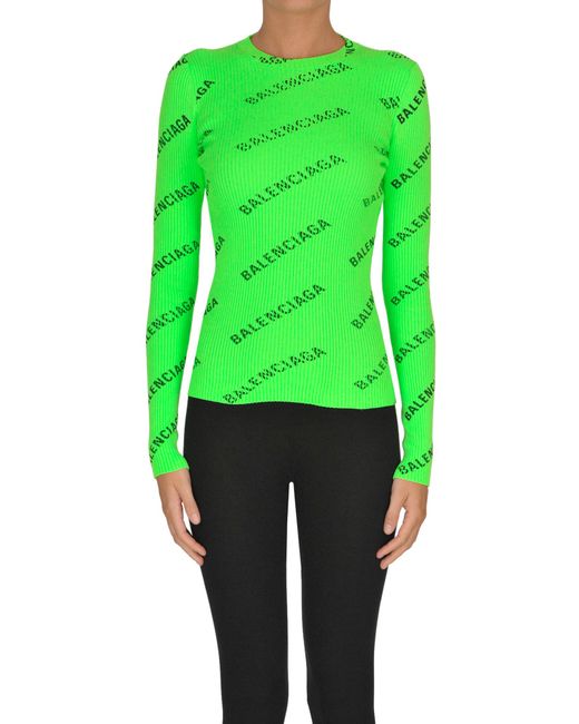 Pullover stretch a costine con logo di Balenciaga in Green
