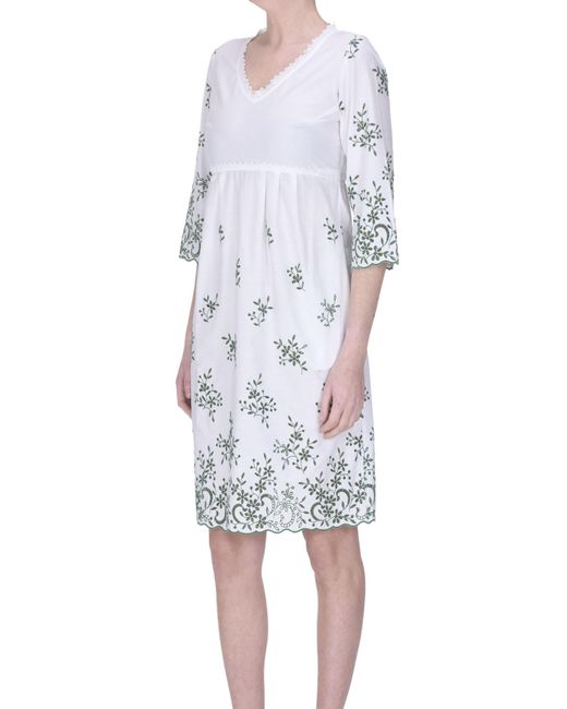 Loretta Caponi White Embroidered Cotton Dress