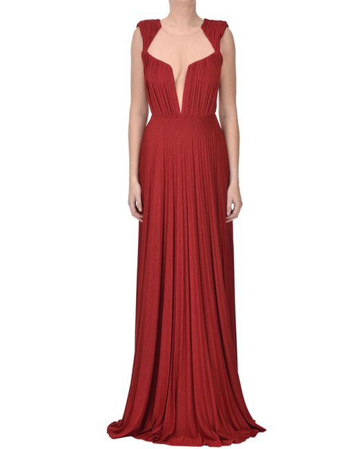 Elisabetta Franchi Red Pleated Lamè Fabric Evening Dress