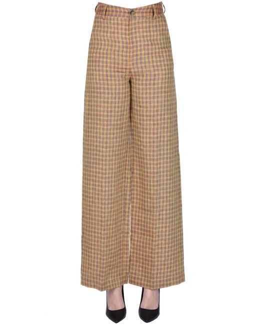 TRUE NYC Natural Checked Print Linen Trousers