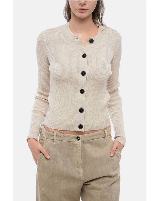 Roberto Collina Natural Ribbed Merino Wool Crew-Neck Cardigan