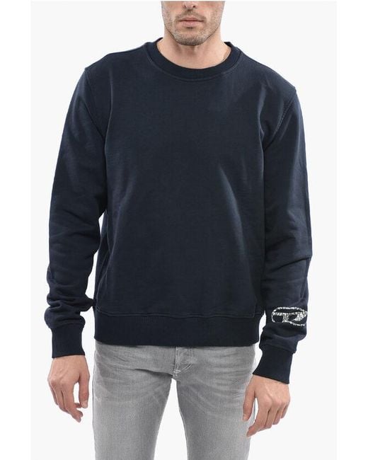 DIESEL Blue Solid Color S-Ginn-D-Mon Crew-Neck Sweatshirt With Monogram for men