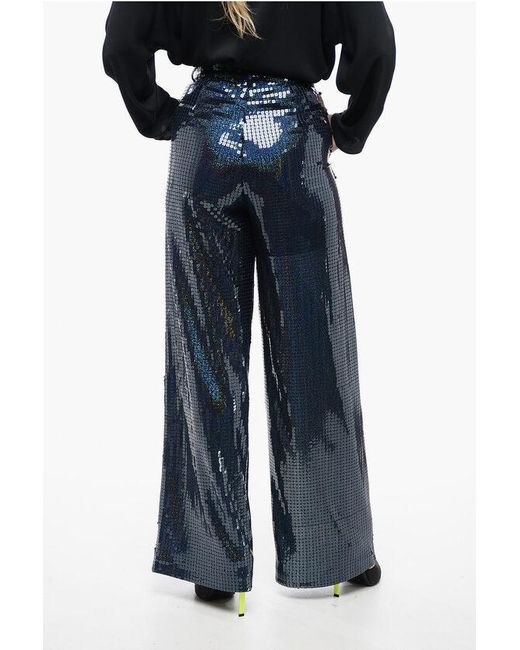 New Arrivals Blue All-Over Sequined Wide-Leg Pants With Pleats