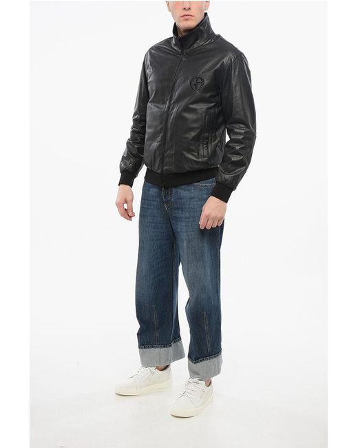 Armani Black Giorgio Reversible Leather Jacket With Embroidered Logo for men