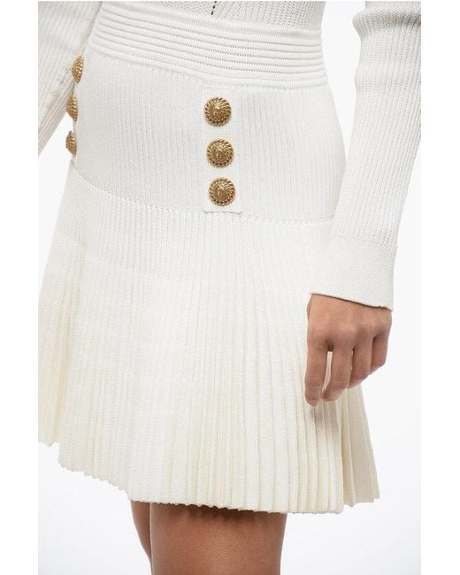 Balmain White Accordion Skirt Knitted Dress With Logoed Buttons