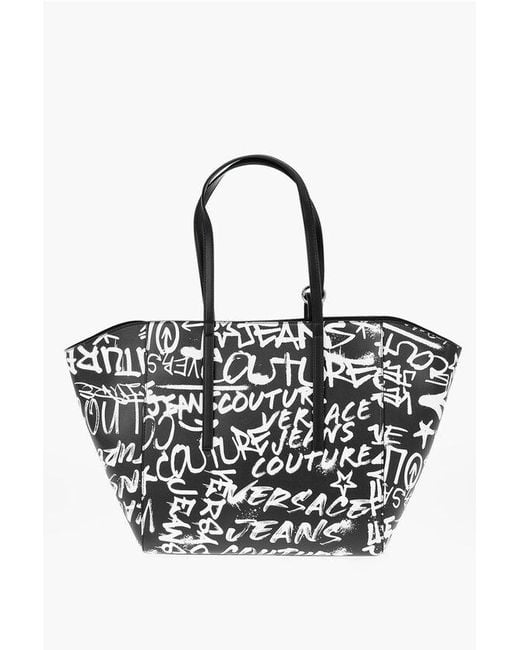 Versace Black Jeans Couture Printed Faux Leather Tote Bag With Matched Pou Size Unic