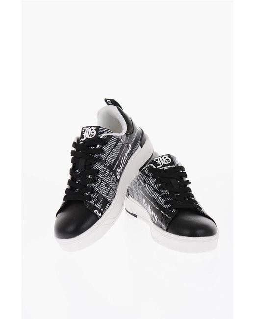 John Galliano Black Two-Tone Faux Leather Low-Top Sneakers With All-Over Letteri for men