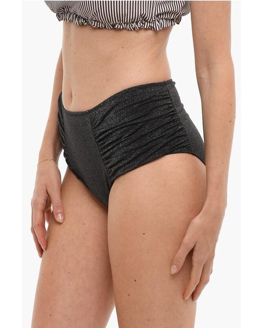 Ganni Black High Waist Lurex Bikini Bottom With Ruched Detailing