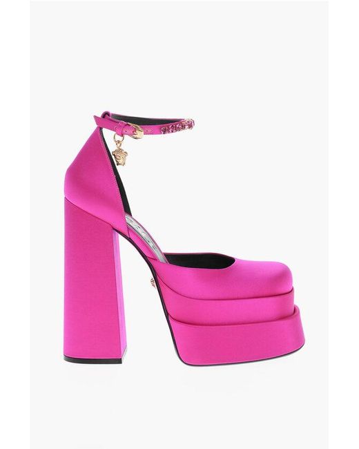 Versace Pink Jewel Strap Satin Platform Pumps 17Cm