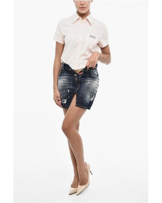 DSquared² Blue Vintage Effect Denim Mini Skirt With Frontal Split