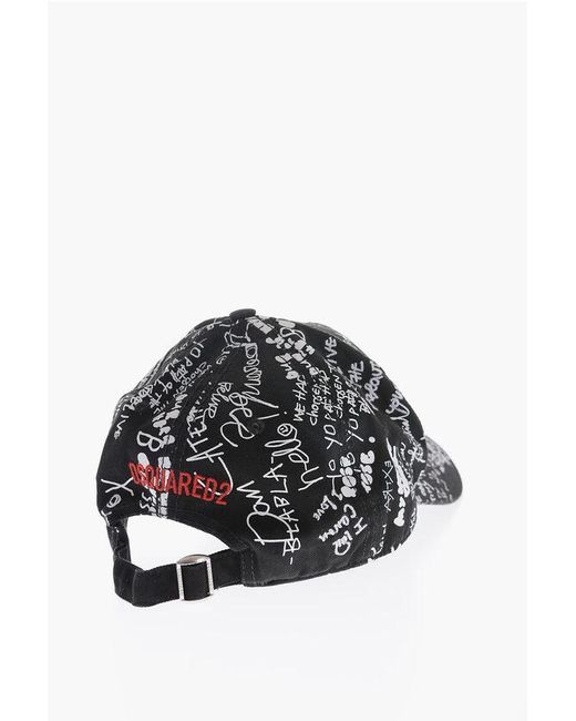 DSquared² Black Cotton Cap With All-Over Lettering Print for men