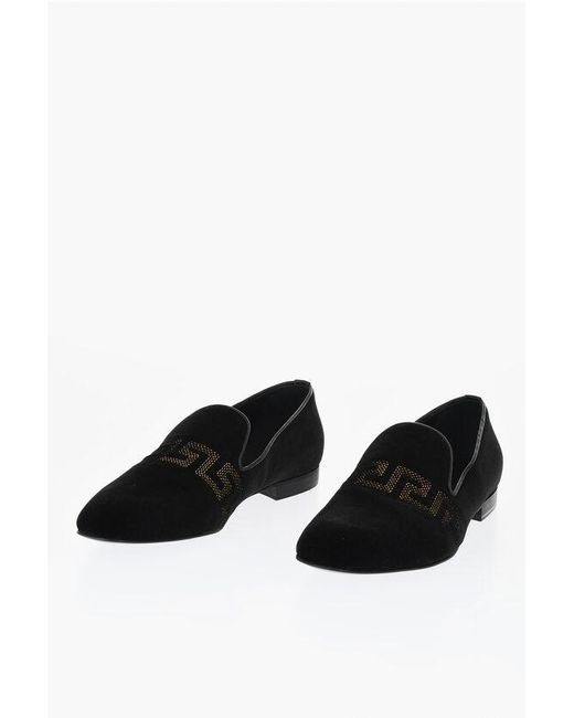 Versace Black Velour Loeafers With Greek Embroidery for men